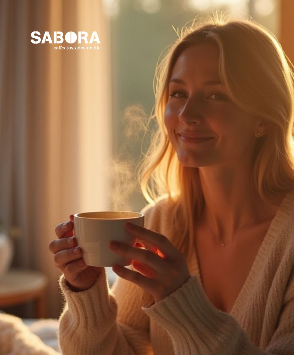 Chica tomando un  taza de Café Sabora