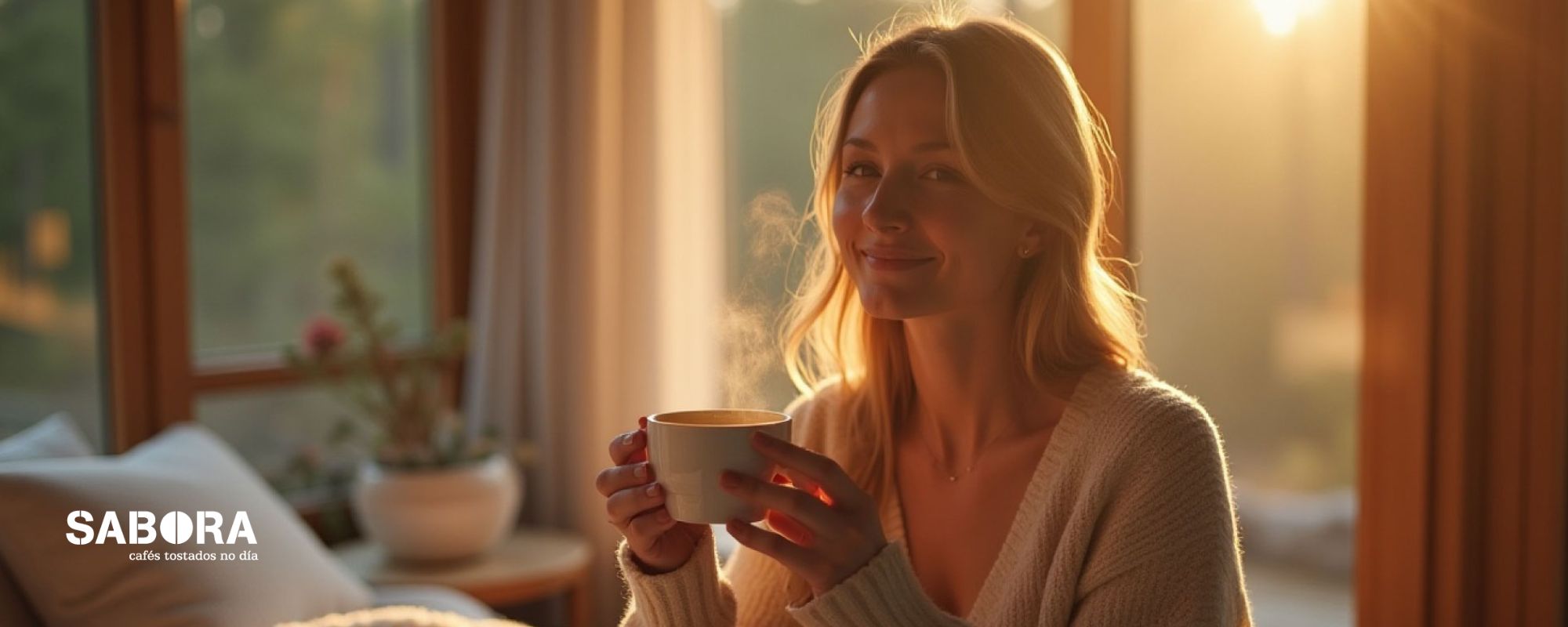 Chica tomando un  taza de Café Sabora